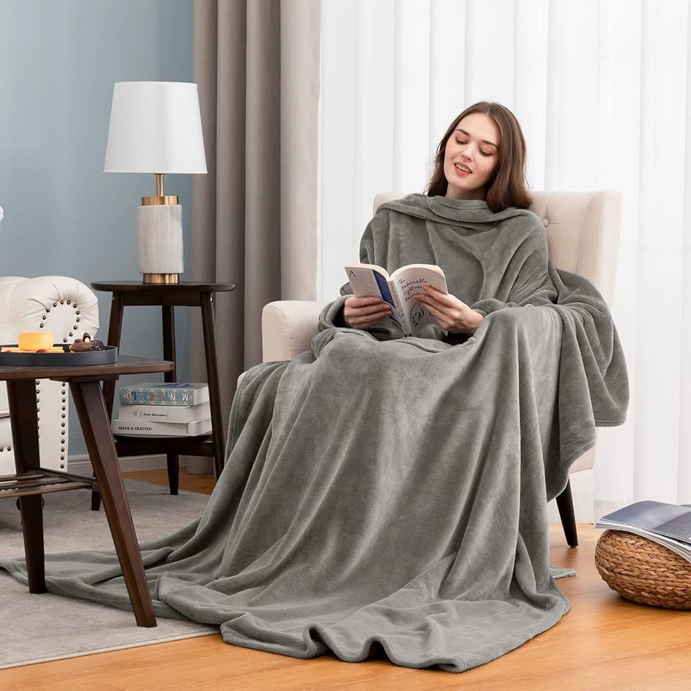 Châle épaissé avec larges poches Couverture à manches en flanelle