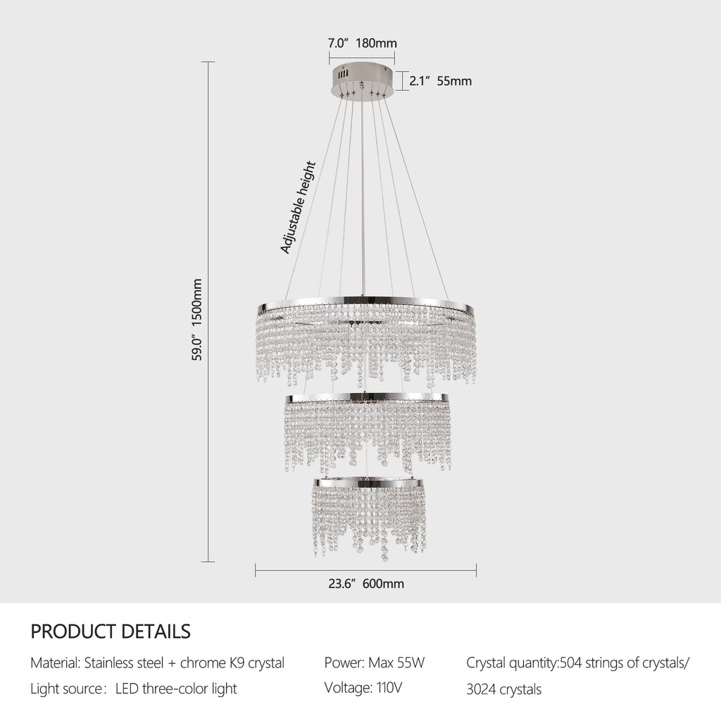 Lampe de plafond LED Lustre cristal 24 pouces
