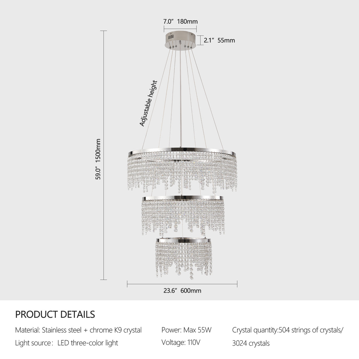 Lampe de plafond LED Lustre cristal 24 pouces