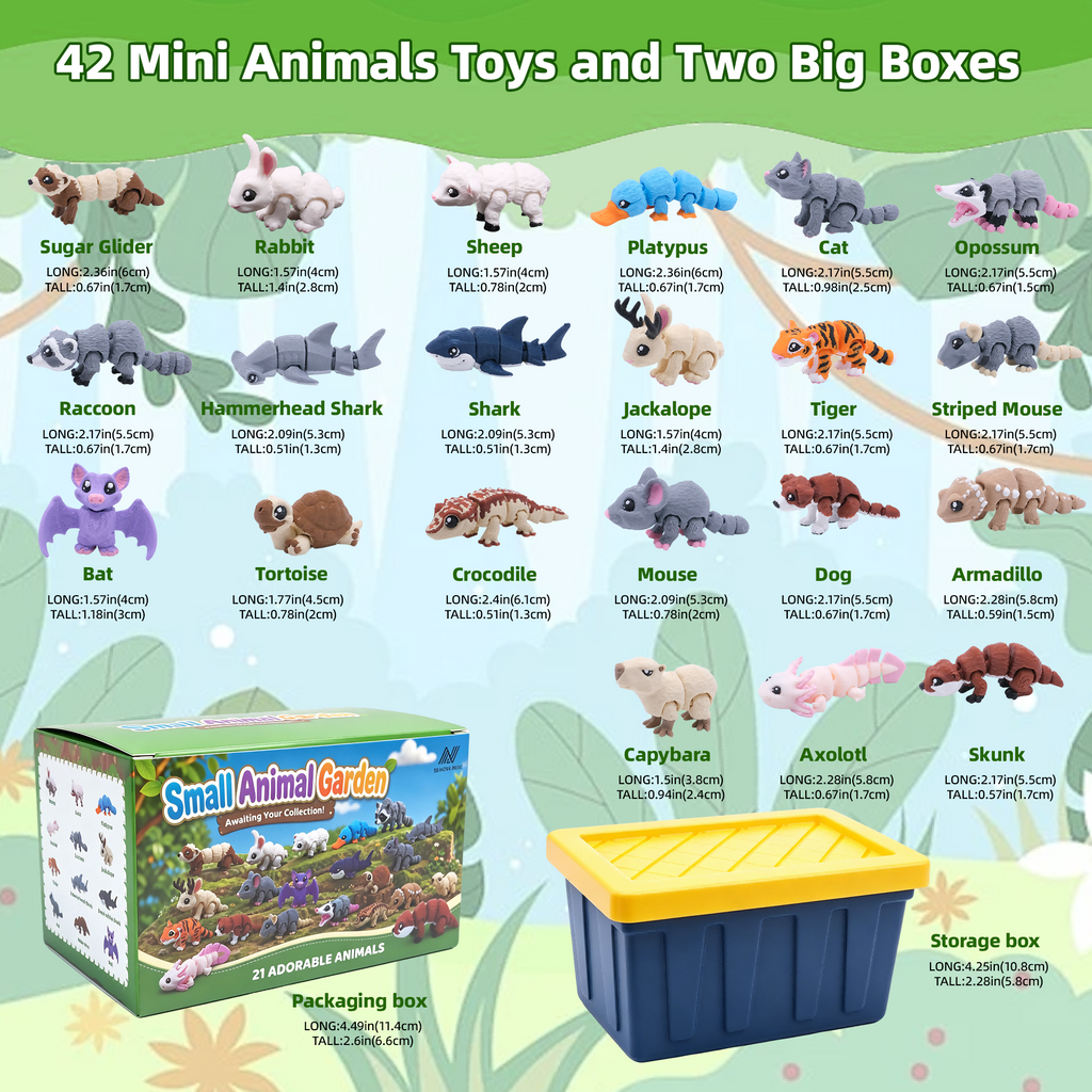21PCS Mini figurines animales imprimées 3D avec 2 boîtes de rangement