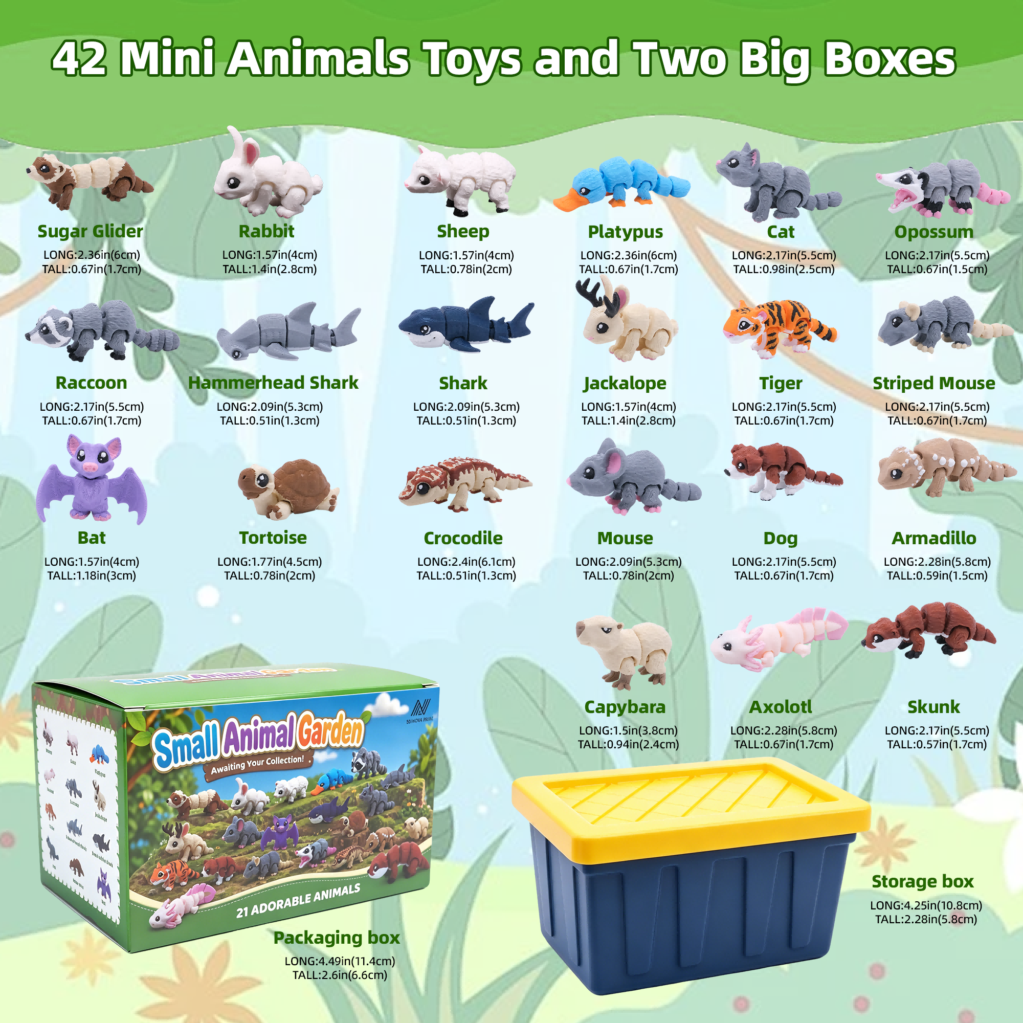 21PCS Mini figurines animales imprimées 3D avec 2 boîtes de rangement