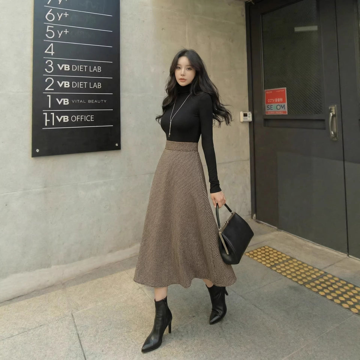 Retro Plaid Brown de style américain Jupe semi-formelle haut de gamme Midi