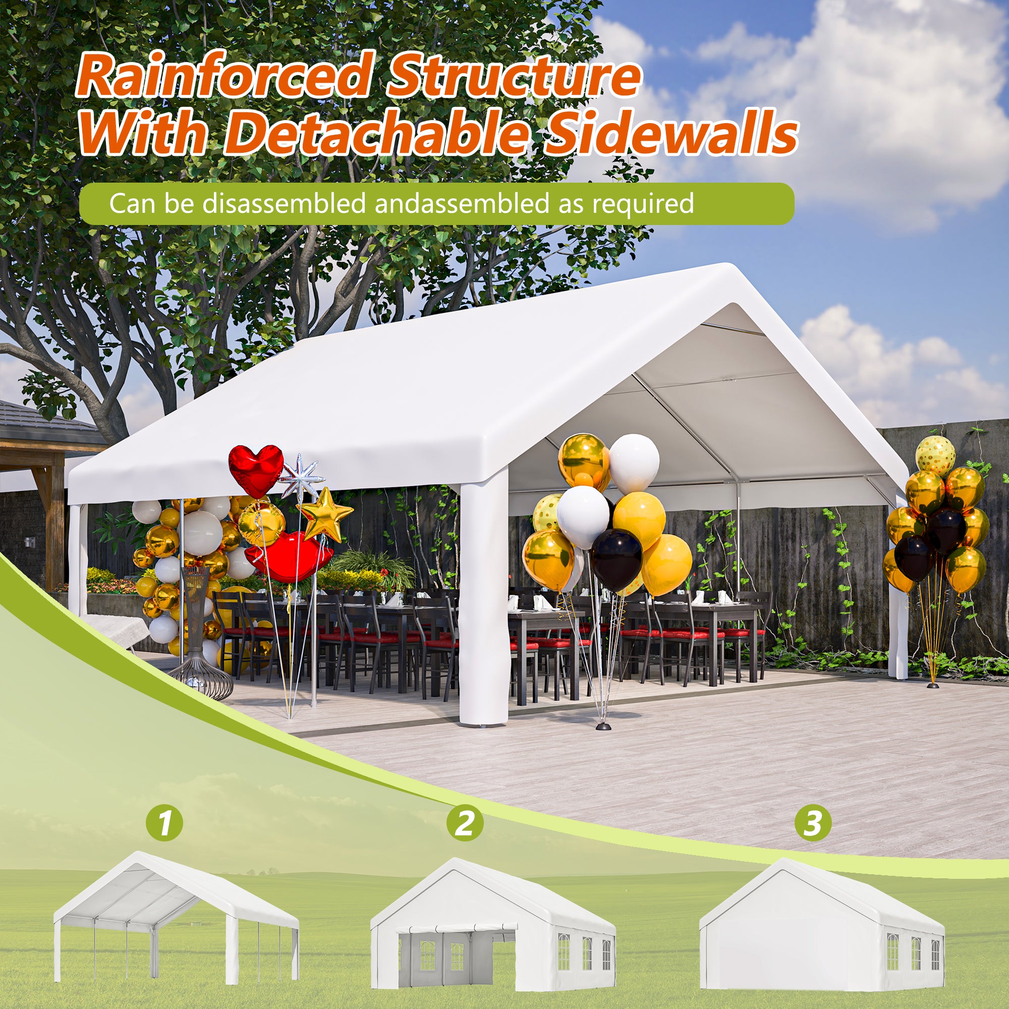 Tente de fête 20x20 FT avec 2 sacs de rangement et parois latérales amovibles
