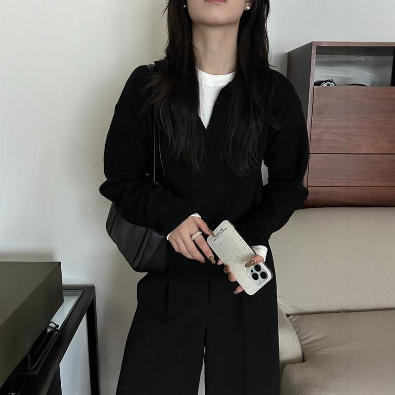 Gris foncé Préppy style tricoté manches longues haut bas