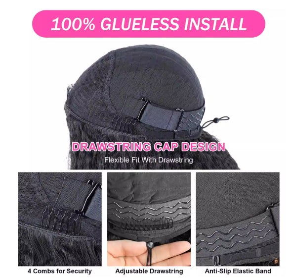 3-en-1 Demi-perruque cheveux humains avec cordon kinky cheveux droits