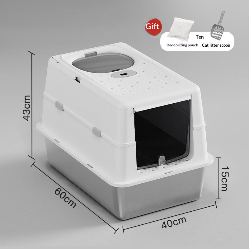 Boîte à litière pour chats en acier inoxydable avec couvercle de dessus en Flip