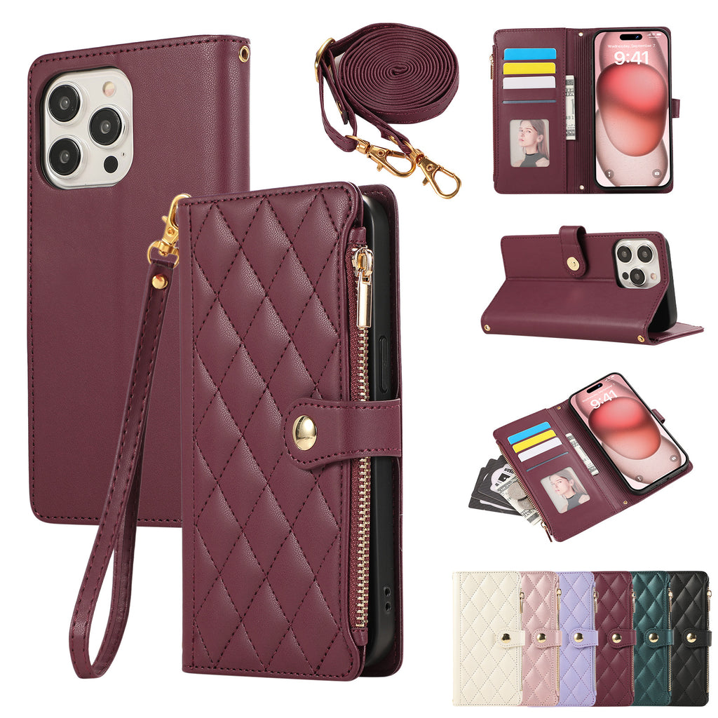 Solid Color Simple Diamond Le style de Chanel Zipper Crossbody Rope Phone Case