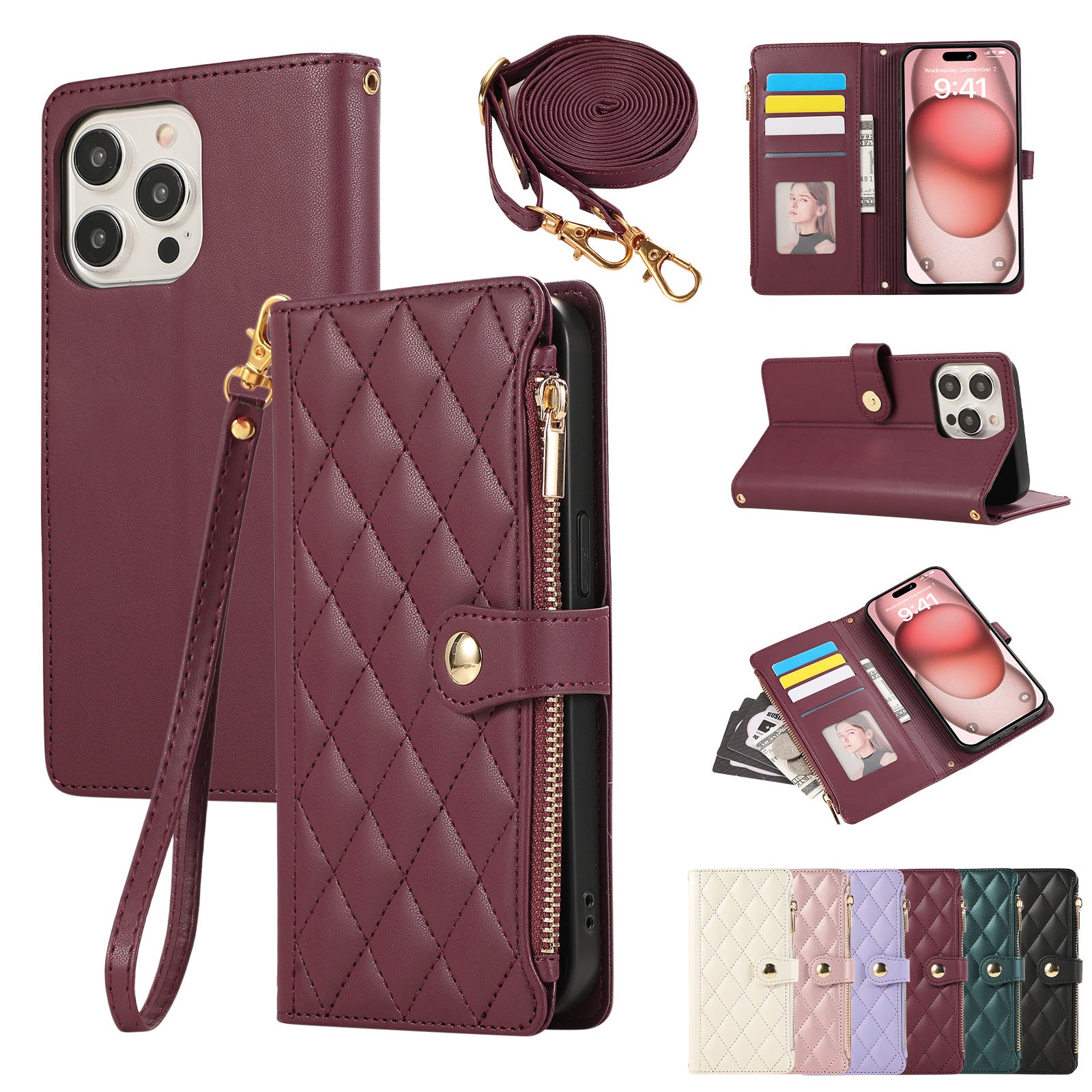 Solid Color Simple Diamond Le style de Chanel Zipper Crossbody Rope Phone Case