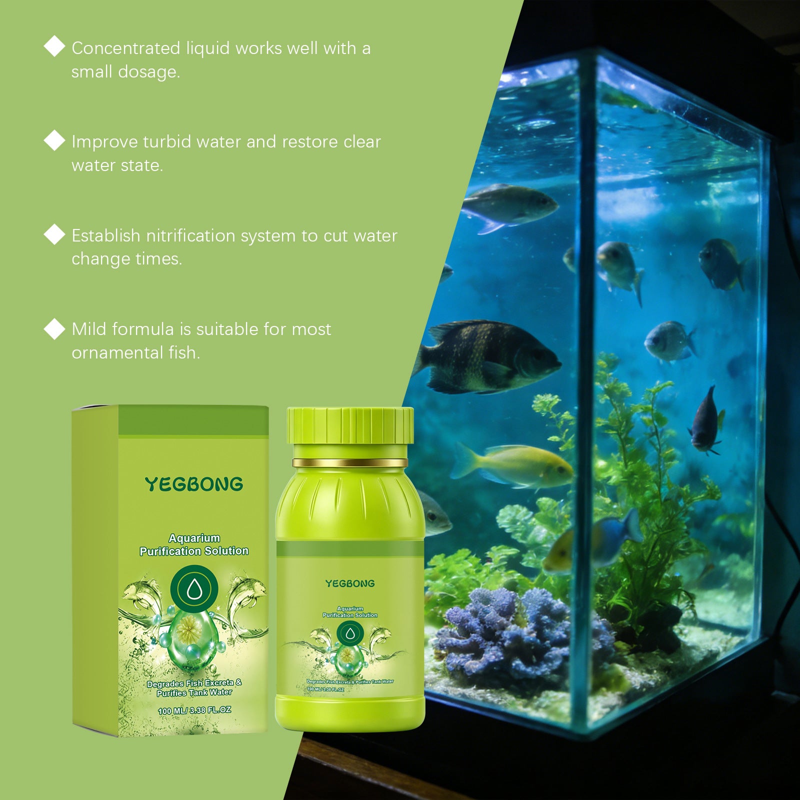 Yegbong Aquarium Purifiant réservoir de poisson liquide Nettoyage et amélioration de la qualité de l'eau Solutio