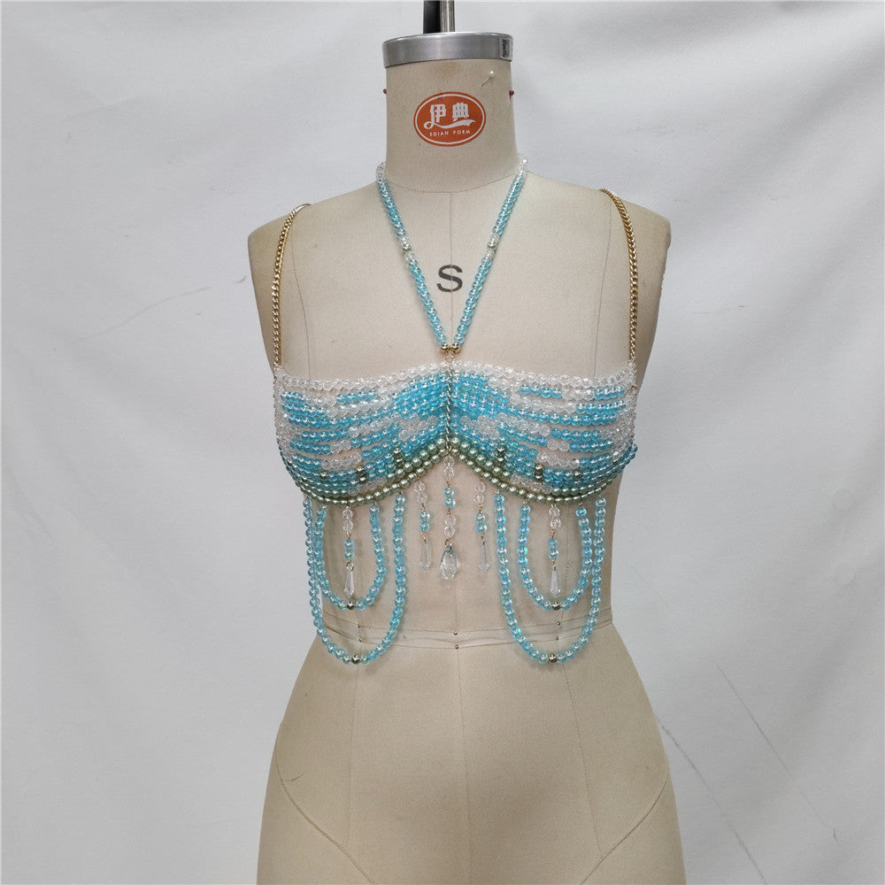 Chaîne de poitrine à perles bleues pour femmes