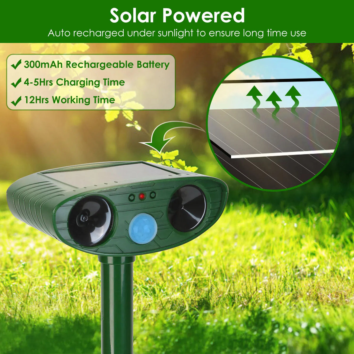 Solaire Ultrasonic Animal Repeller PIR Motion Sensor Animal Repellent Chaser IPX4 Waterproof