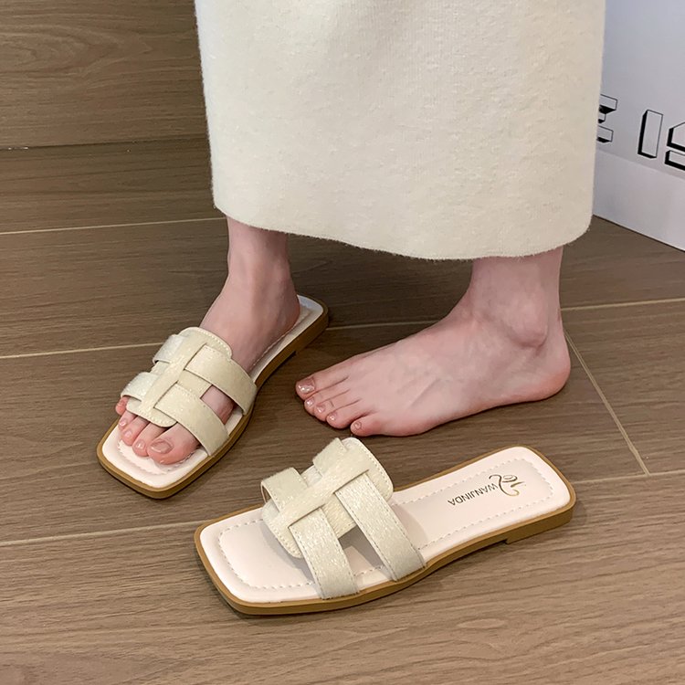 Femmes H en forme de croix Strap carré Toe Sandales plates à glissière