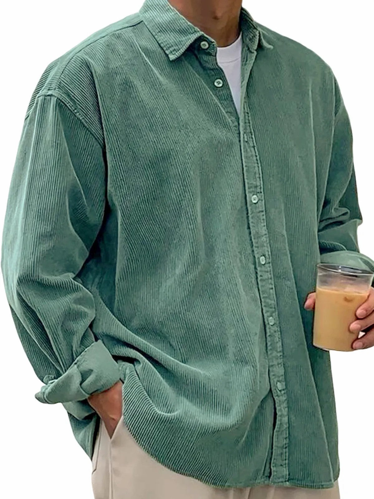European And American Men's Casual Loose Solid Color Corduroy Lapel Shirt Indépendant Site