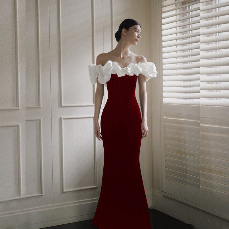 Robe de soirée satinée française Robe de bienvenue en queue de poisson élégante