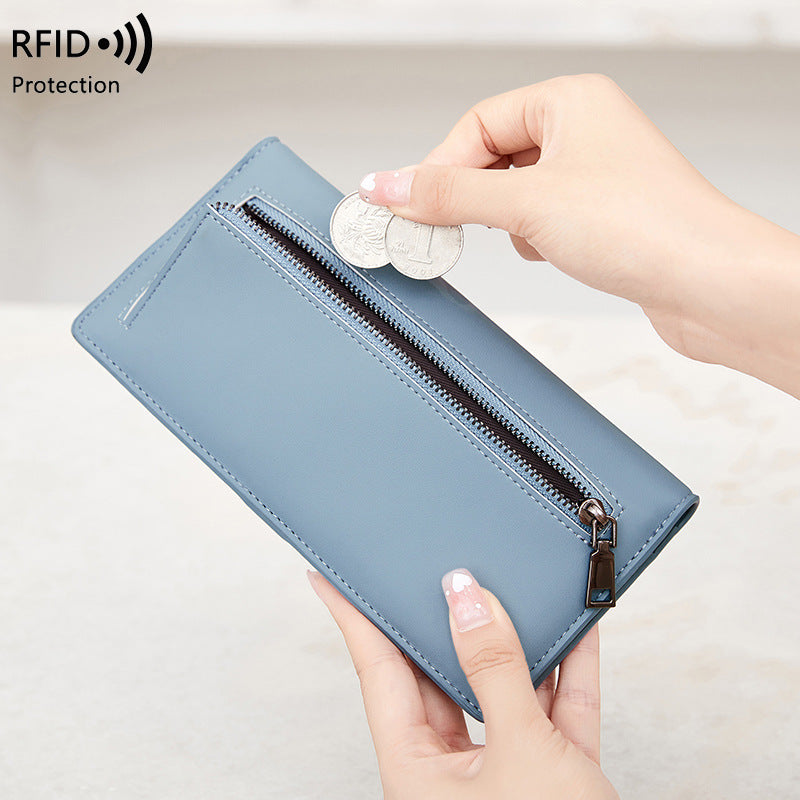 RFID Portefeuille antivol PU simple portable avec fermeture éclair et plusieurs fentes de cartes