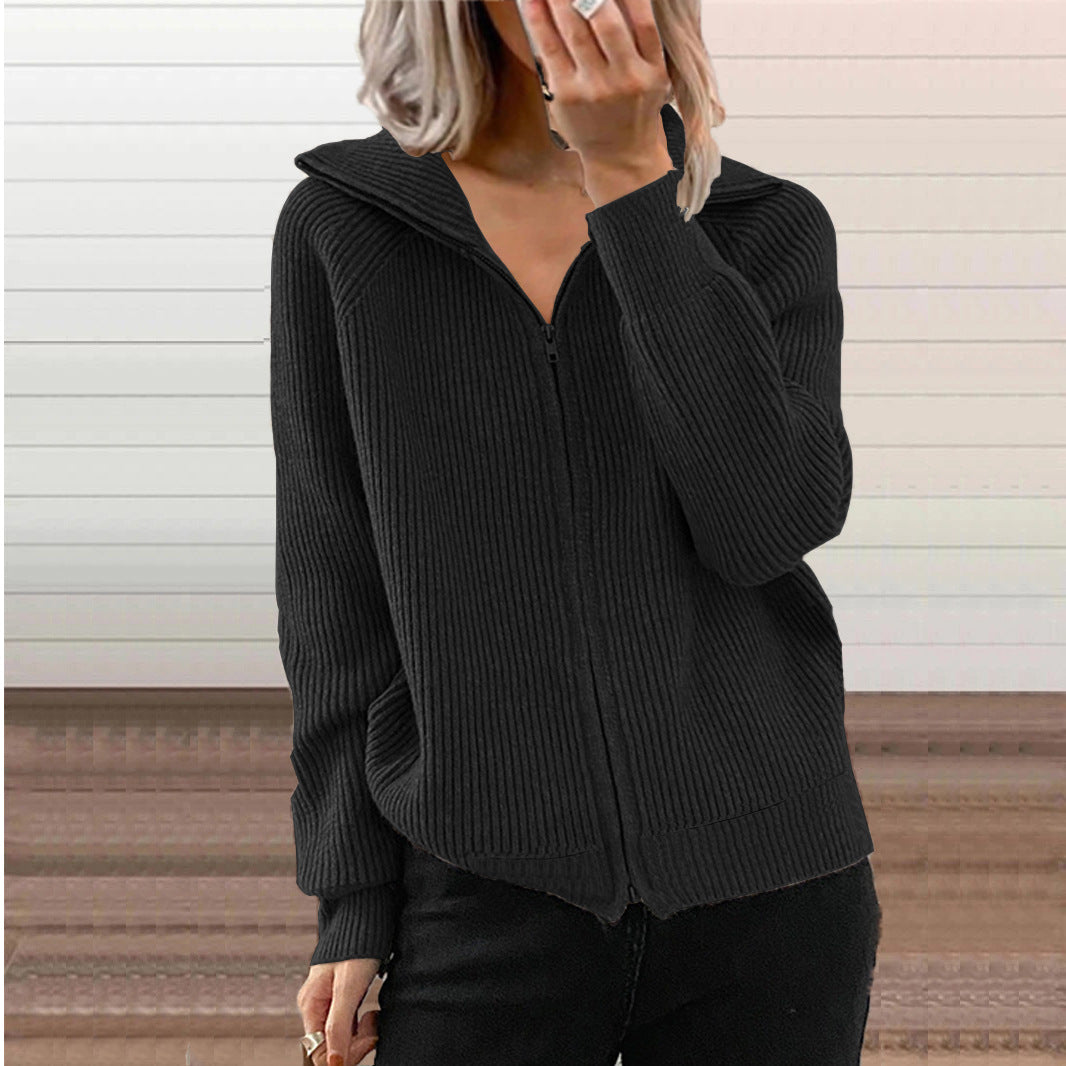 Femmes côtelé tricot Zip Up Cardigan Sweater Lapel Collar Long Sleeve Veste casual avec pock
