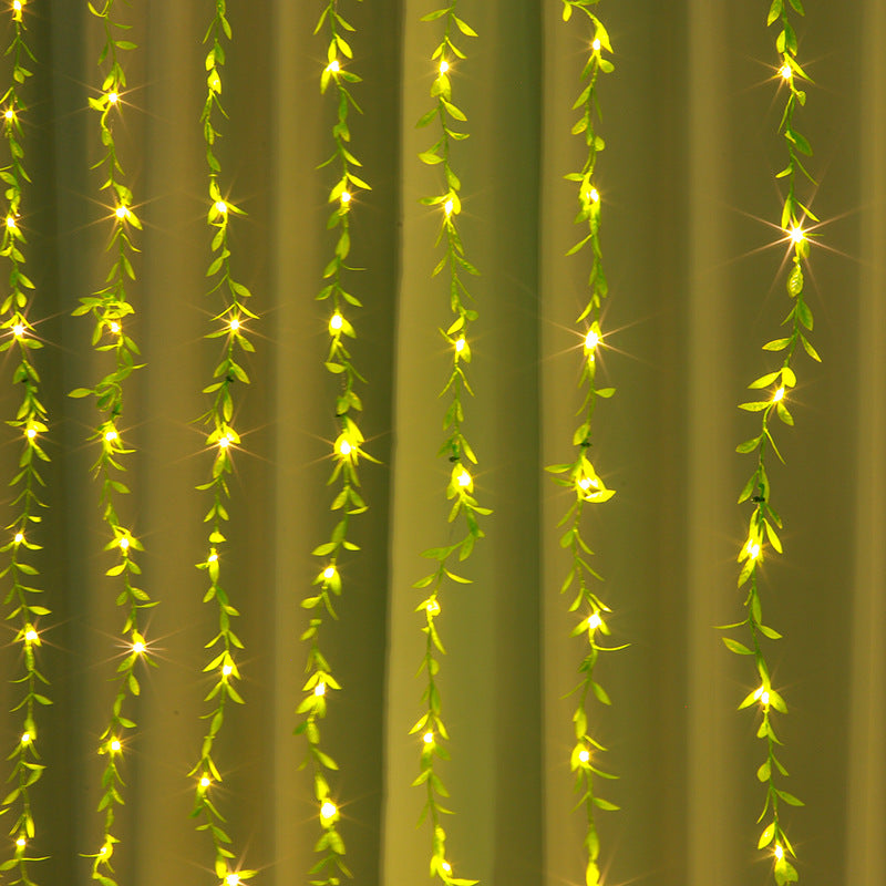 Feuille verte Rattan fil de cuivre rideau lumière