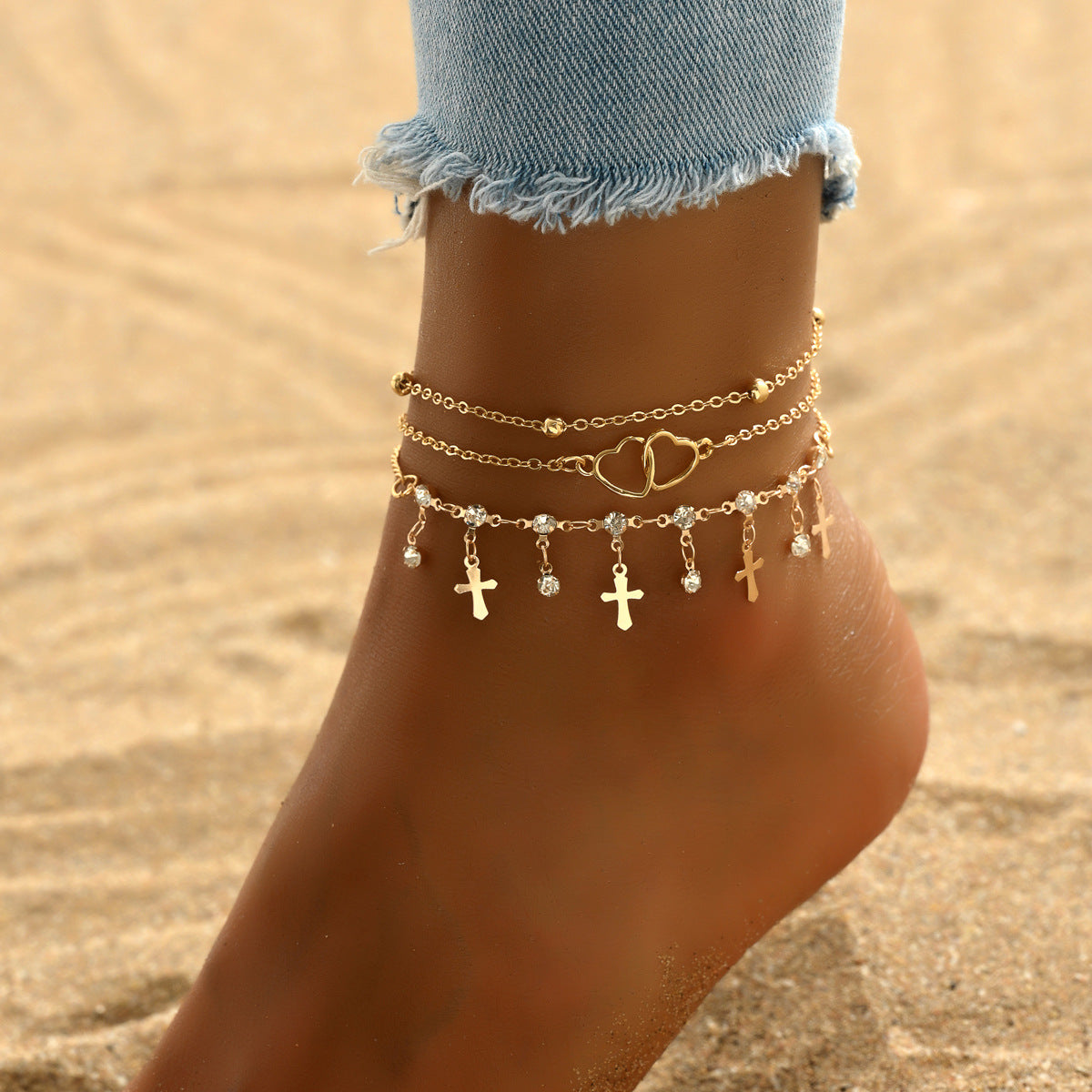 De style bohème Croix et double coeur Multi-couche Anklet