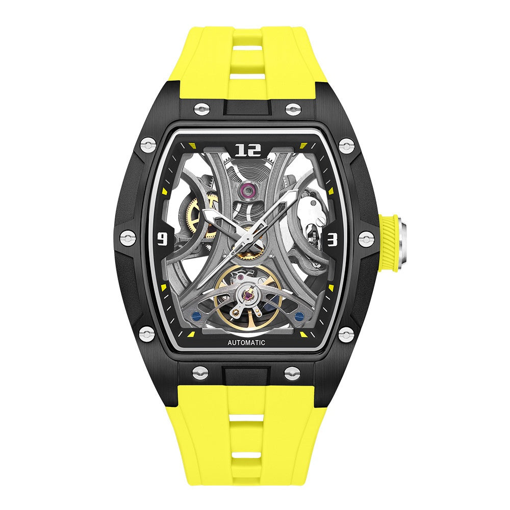 Montre en forme de barrique avec un boîtier en acier Mouvement automatique à squelette complet