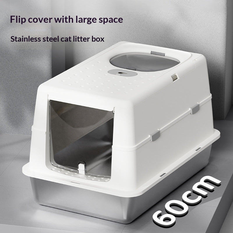 Boîte à litière pour chats en acier inoxydable avec couvercle de dessus en Flip
