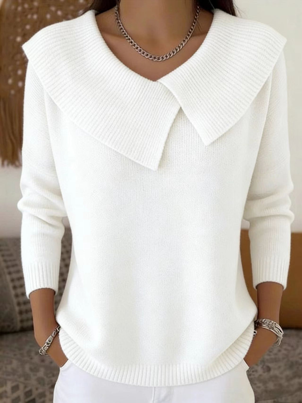 Mode Coréen Rétro Tempérament ludique Slim Lapel Sweater tricoté Lazy Tempérament