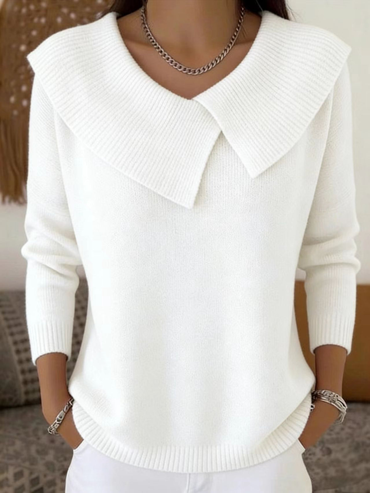 Mode Coréen Rétro Tempérament ludique Slim Lapel Sweater tricoté Lazy Tempérament