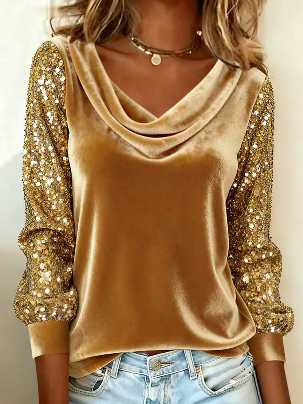La mode européenne et américano-stylée Velvet Collin Ruffled Sequin Patchwork Long-Sl