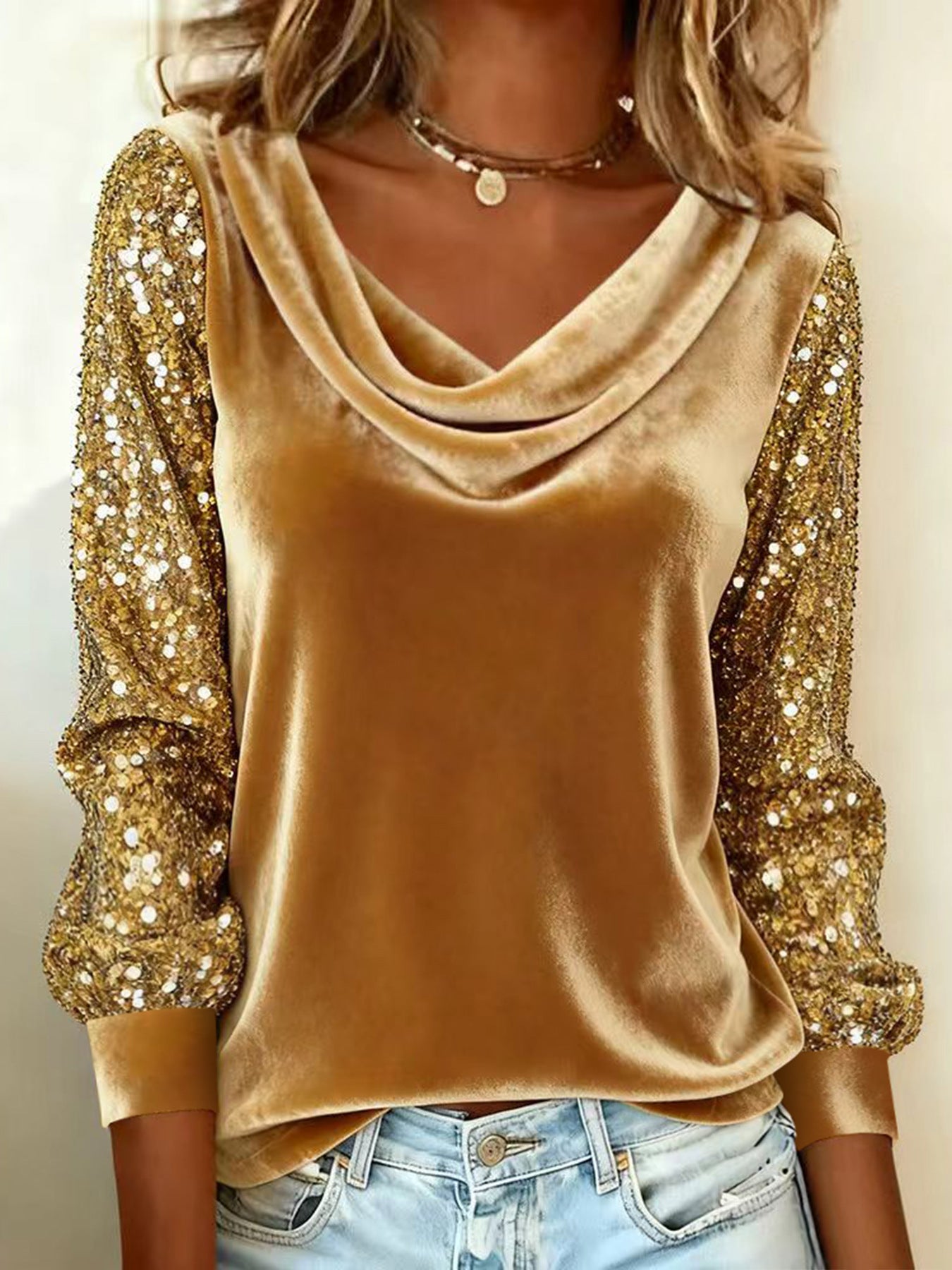 La mode européenne et américano-stylée Velvet Collin Ruffled Sequin Patchwork Long-Sl