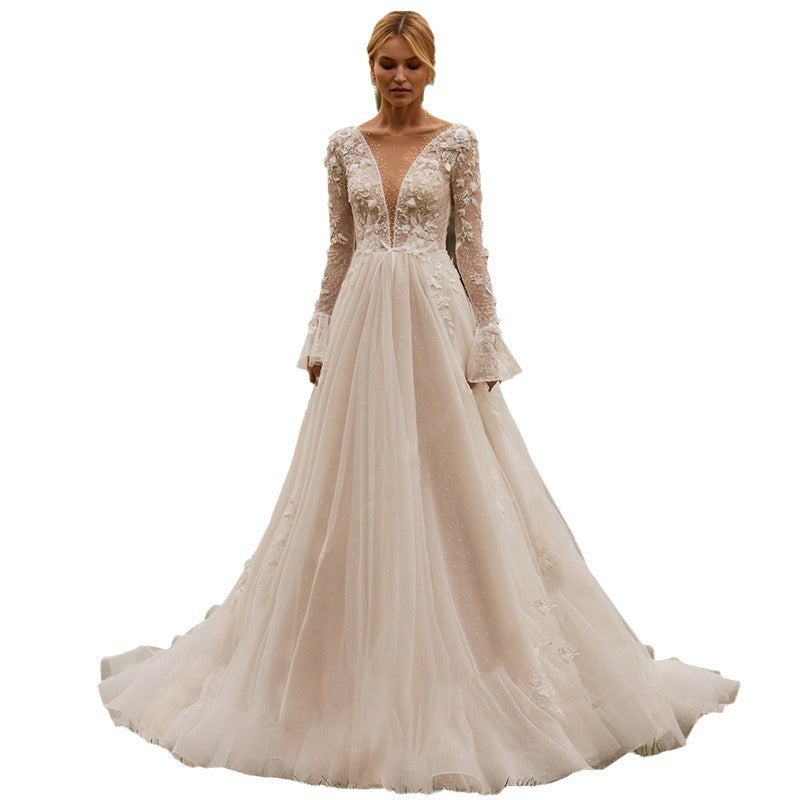 Sexy See-through Mariage manches longues Brodé Deep V robe de mariée puffy