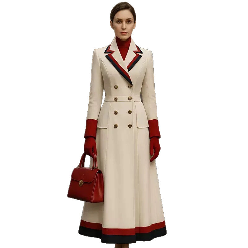 Élégant style britannique Versatile Flatter Figure Long Patchwork Coat