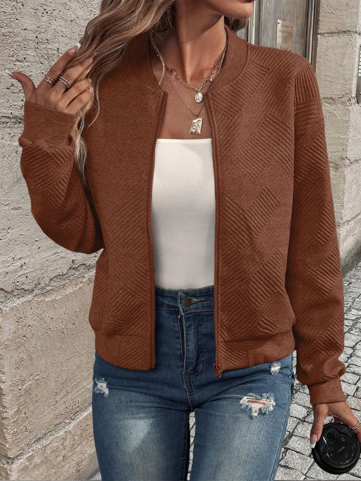 Printemps et automne Amazon La mode européenne et américaine des femmes Plaid Zipper Round Collier Lon