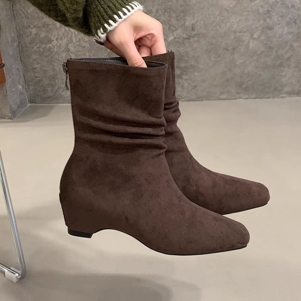 Arrivée Automne Hiver Retour Zipper Mode Bottes Coréen Style Carré Toe Suede Intérieur Chevaux