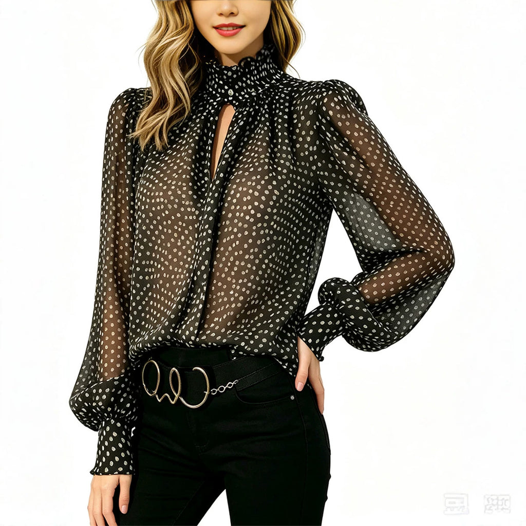 Chemise à manches longues pour femmes, style français Polka-Dot
