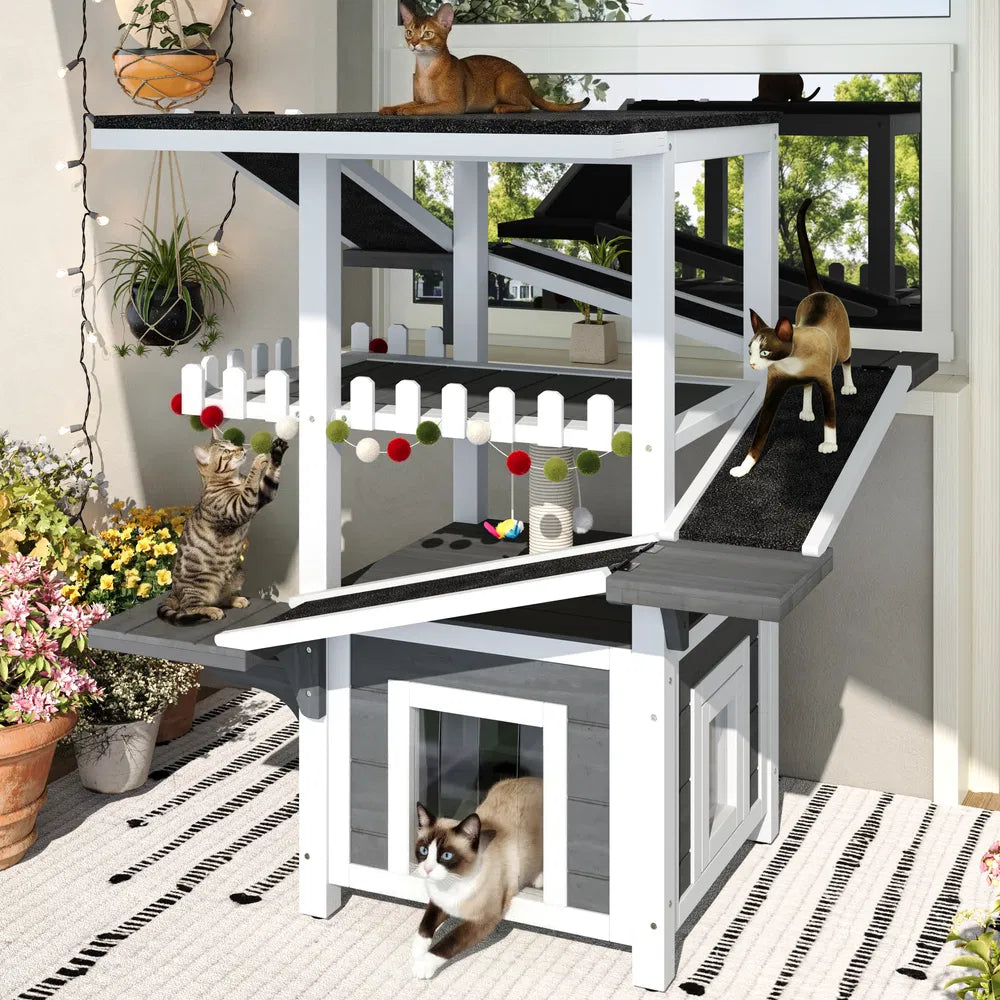 4 niveaux Outdoor Cat House Weaterproof Cat Tree Tower avec toit imperméable et 2 portes