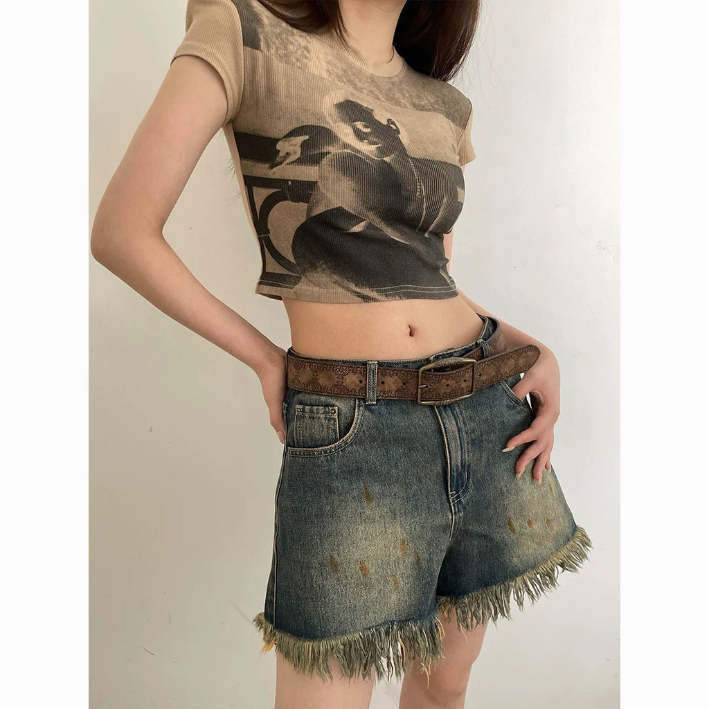 Ceinture en cuir embossée vintage de style américain avec boucle en bronze