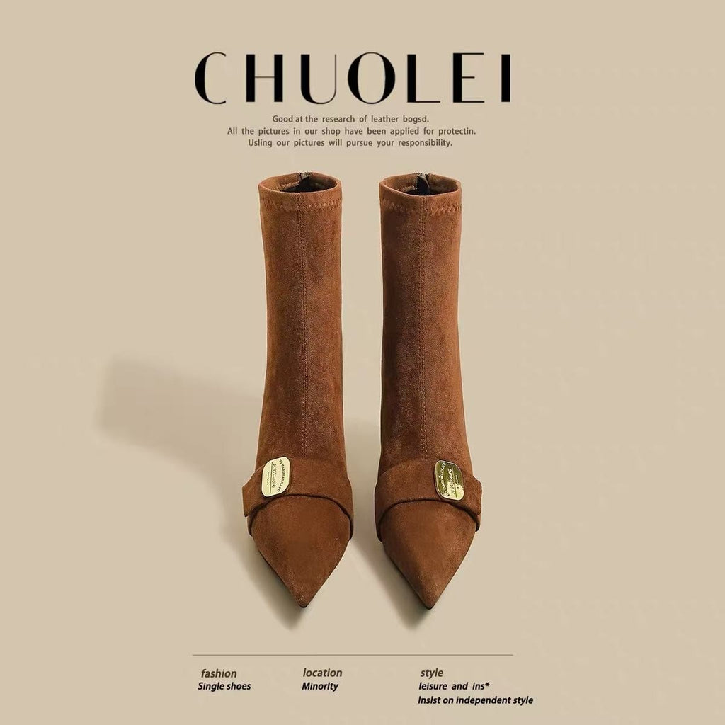 Femmes Pied pointu orteil noir Haut talon Bottes de cheville en métal français Boucle élastique Slim Fit Bottes