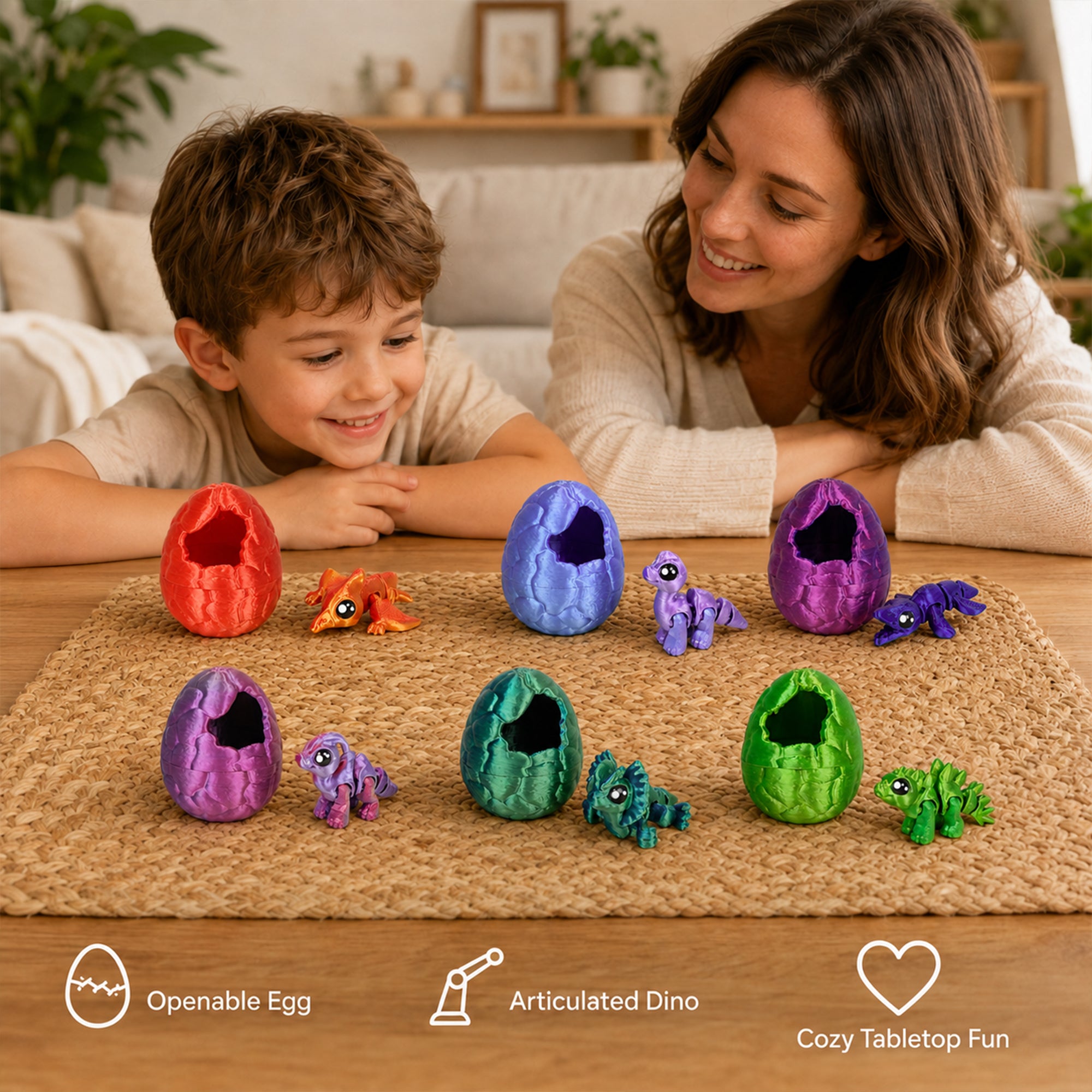 6PCS Dinosaures articulés imprimés 3D avec 6 oeufs de dinosaure ouverts Couleurs assorties