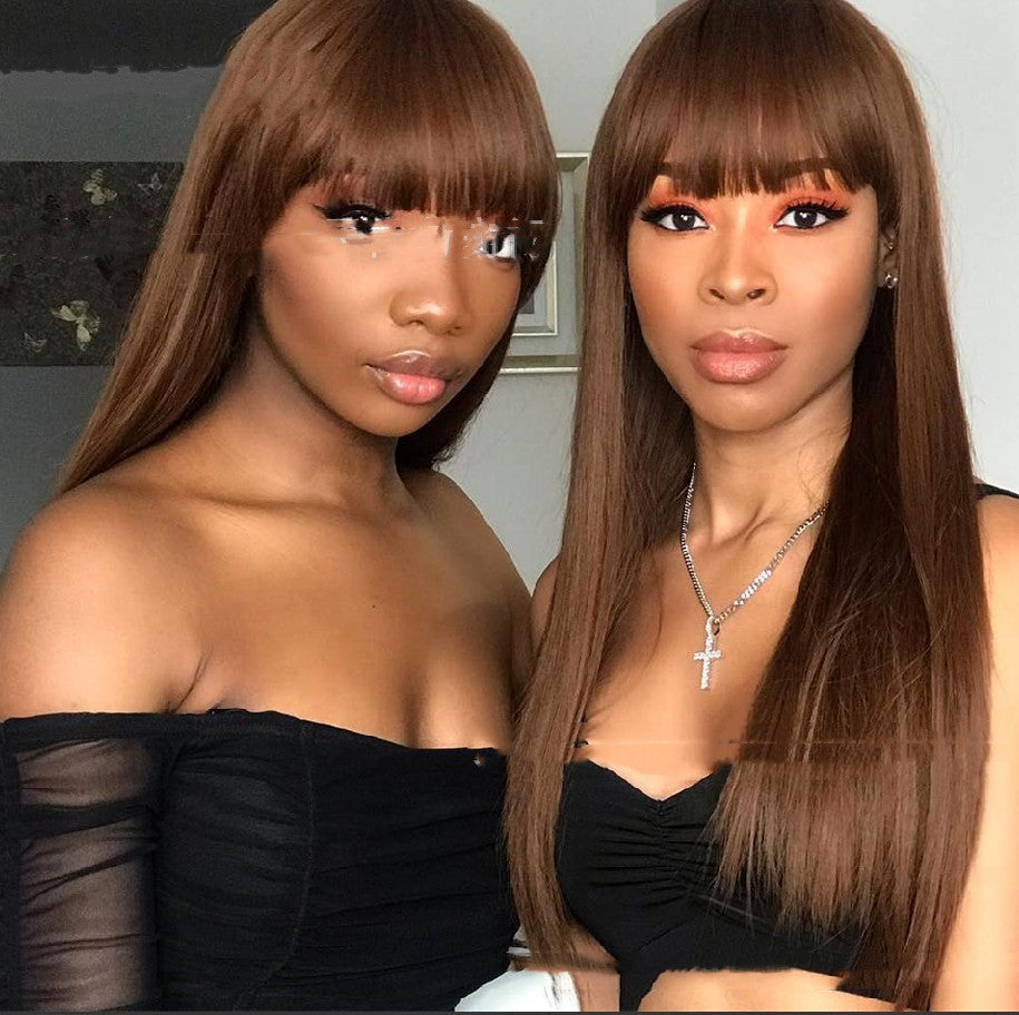 Qi Bangs noir et brun cheveux droit long