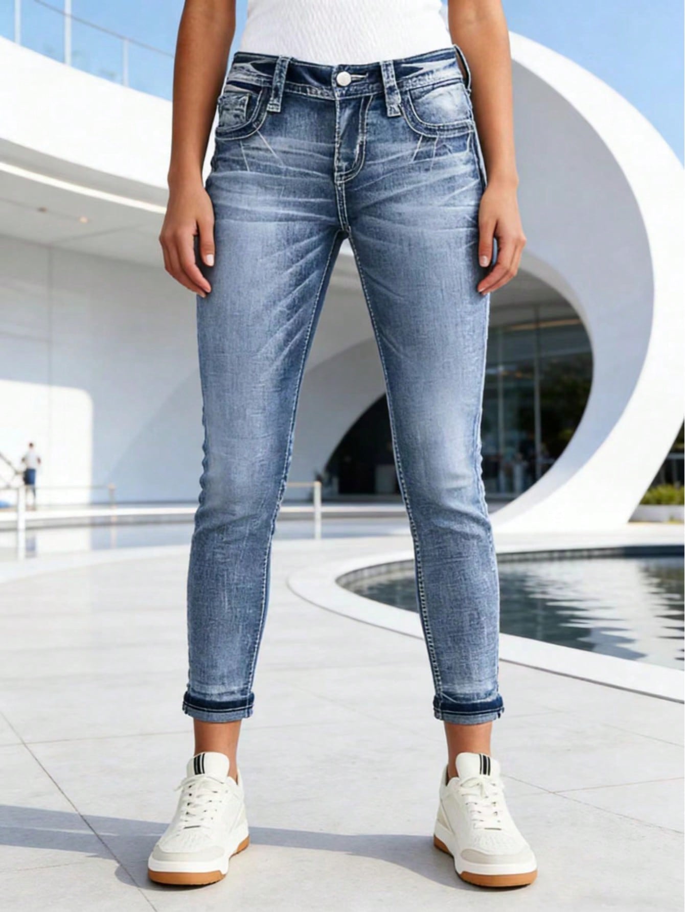 Femmes Lavées Faded Cuffed Ankle Skinny Denim Jeans Slim Fit Pantalons pour les voyages en plein air tous les jours