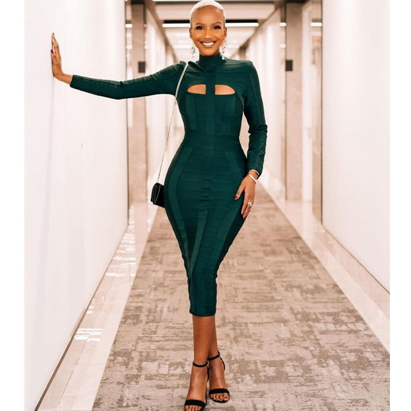 Robe de bandage Slim Fit à manches longues en collier vert foncé