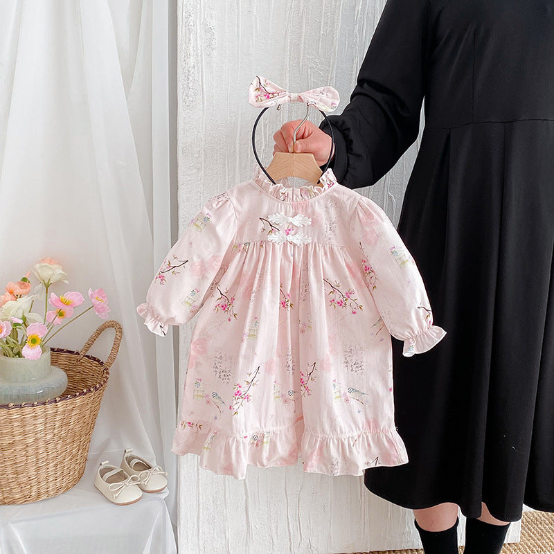 Longue manches bébé fille Triangle Rompers Retro style Tang robe