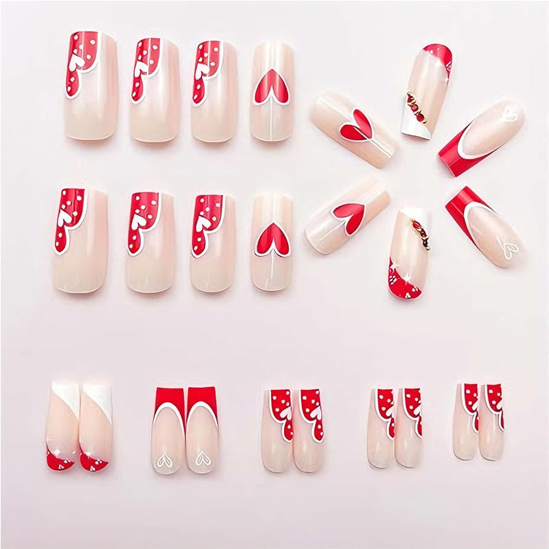24 PCS rouge et blanc cœur ongles art