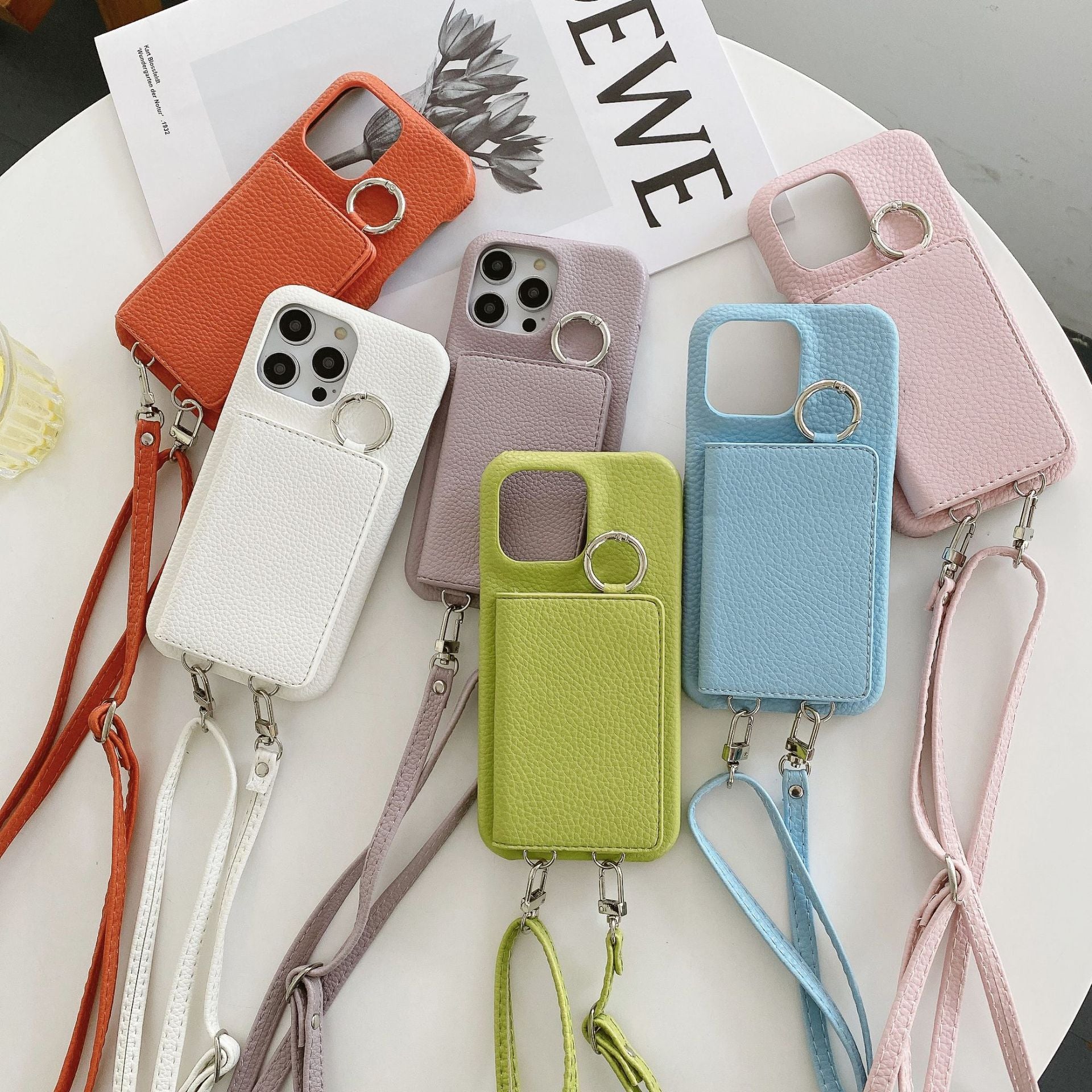 Motif Lychee Gauche et Droite Ouvert Miroir Beauté Étui de téléphone Lanyard