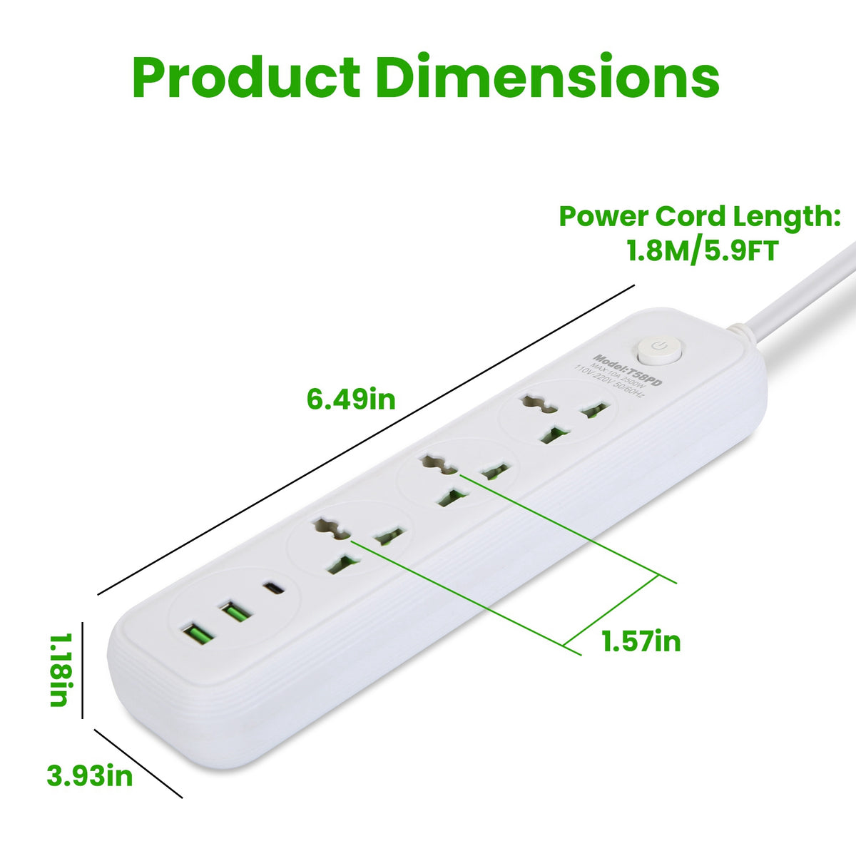1Pc Power Strip with 6FT Extension Cord 3 AC Outlets and 2 USB A Ports 1 USB C Port 2500W