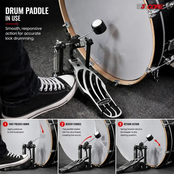 5 Core Bass Drum Pedal Mount Ajustable Felt Beater Head Single Chain HeavyDuty Kick Drum