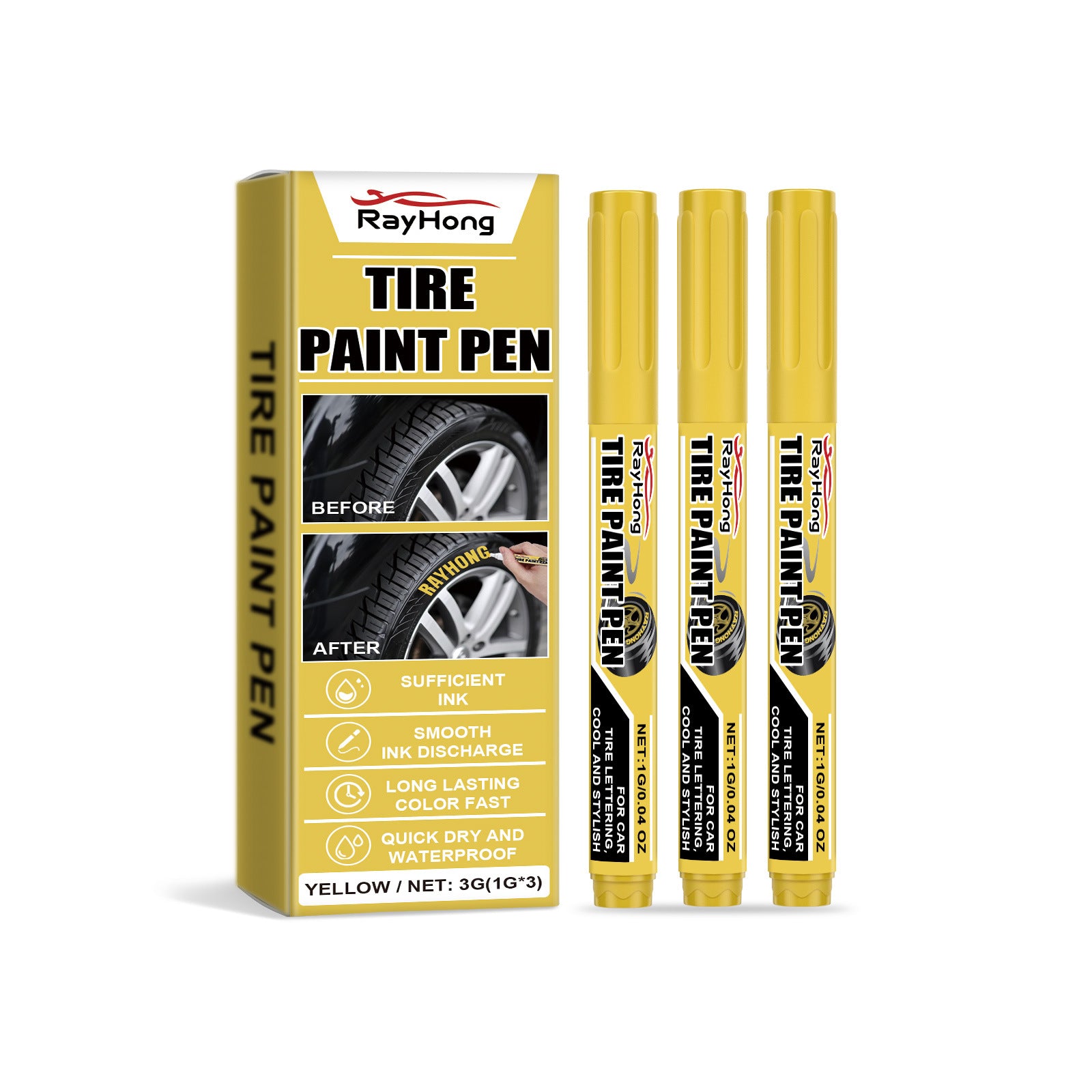 Rayhong Jaune Voiture Pneu Pen Peinture Voiture Pneu Art Peinture Imperméable à longue durée à base d'huile