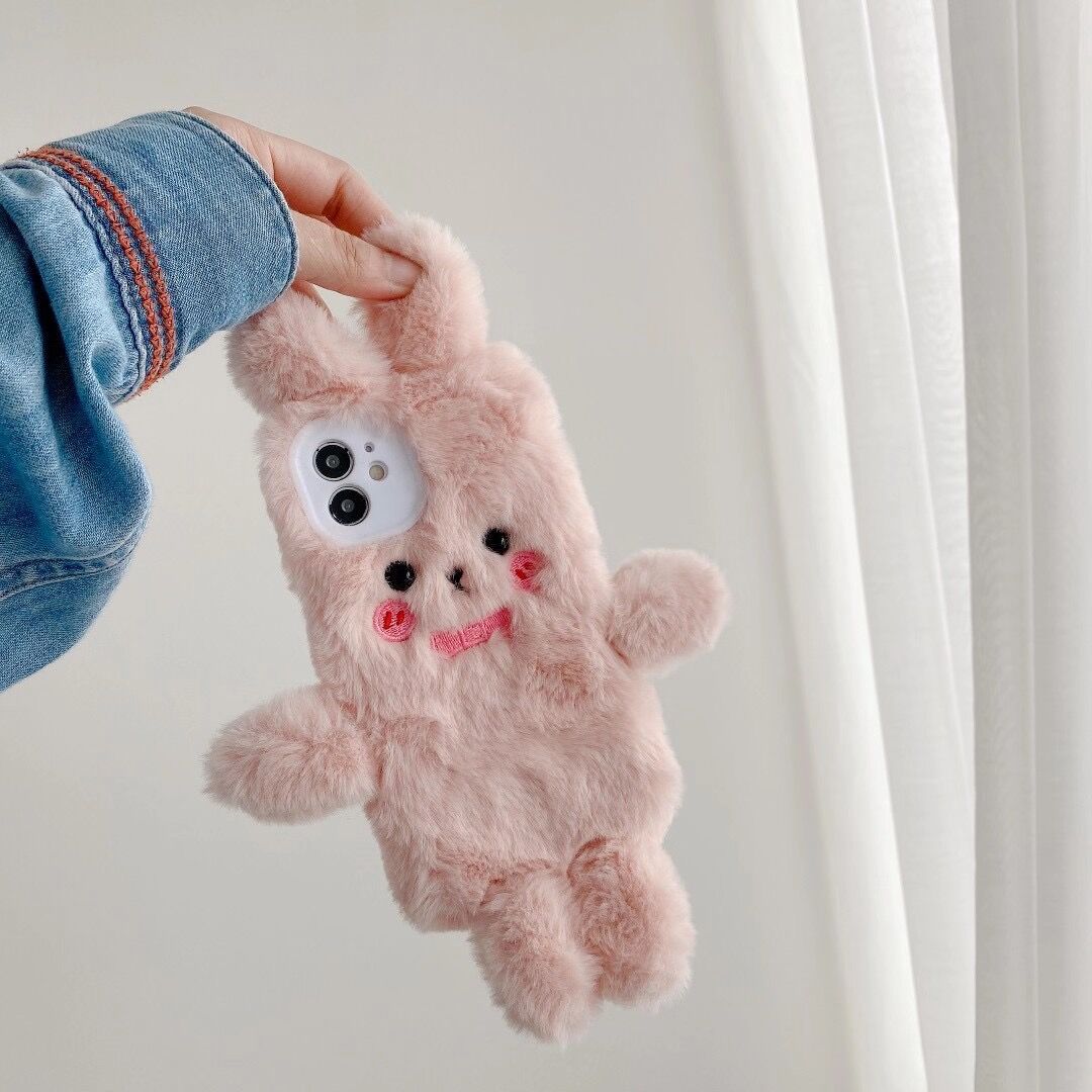 Étui de téléphone en peluche rose lapin