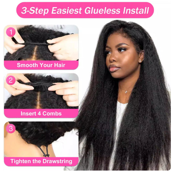 3-en-1 Demi-perruque cheveux humains avec cordon kinky cheveux droits