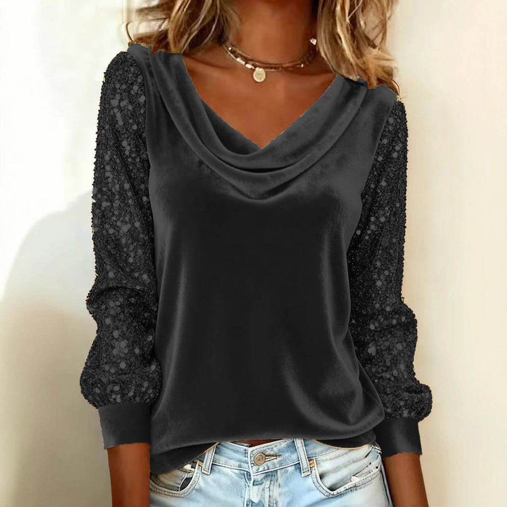 La mode européenne et américano-stylée Velvet Collin Ruffled Sequin Patchwork Long-Sl