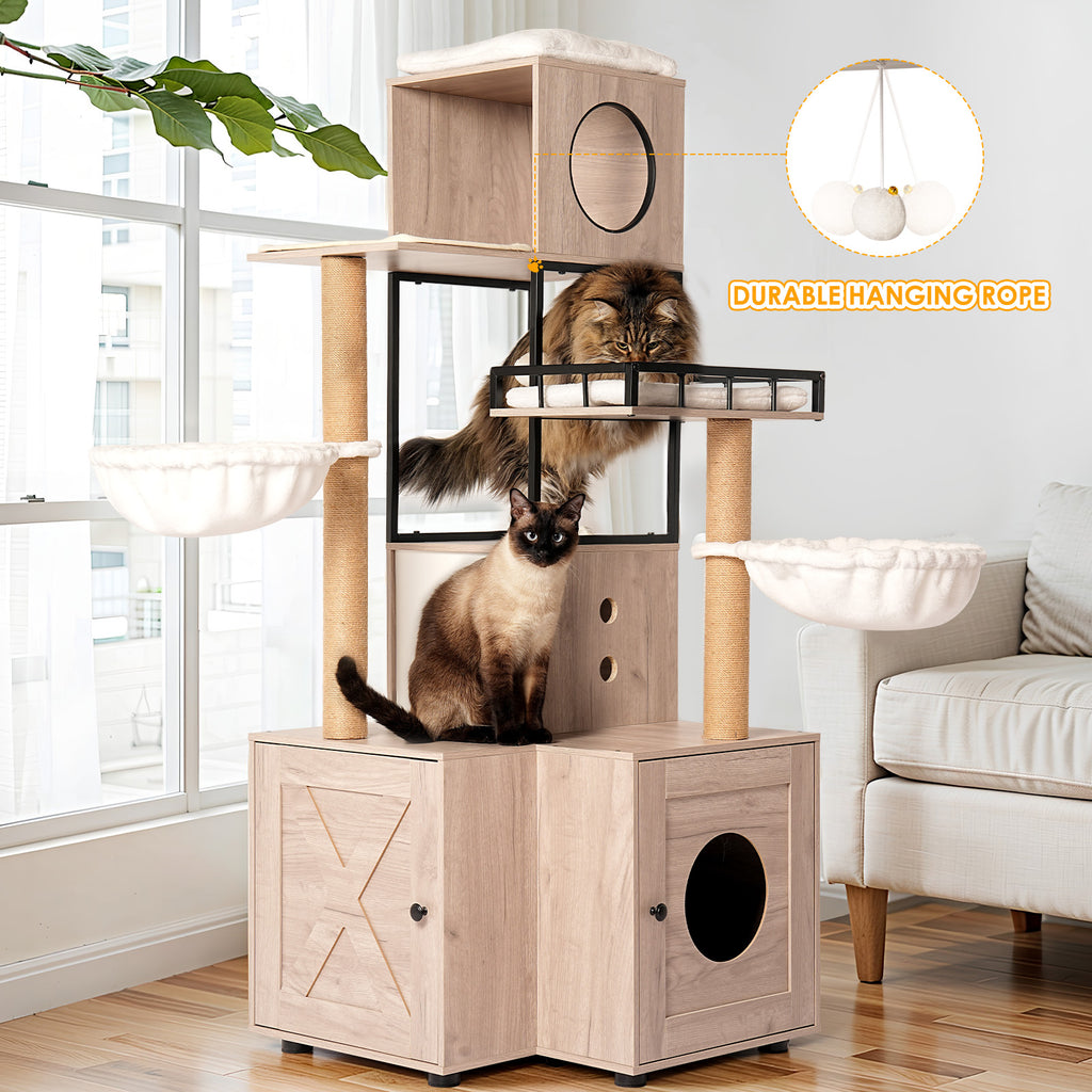 Arbre à chat multifonctionnel de 63" avec boîte à litière - Comprend un coussin lavable amovible